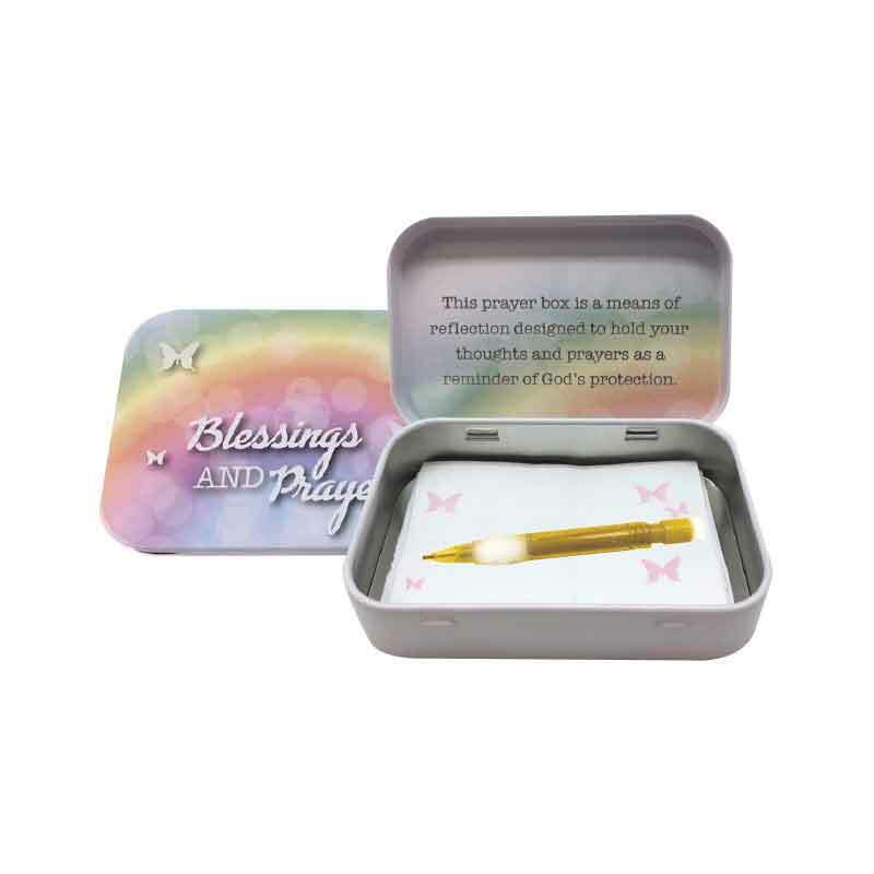 Blessings & Prayers Tin Prayer Box, 98 x 60mm, With Mini Pencil & Note Pad