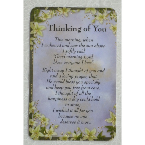 THINKING OF YOU Laminated Prayer Card, 54 x 82mm