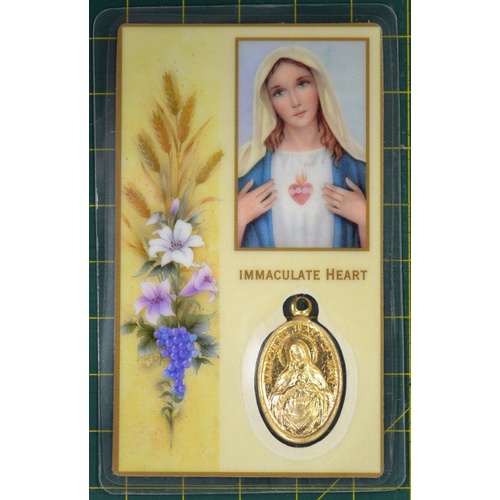 IMMACULATE HEART OF MARY, Prayer Card & Medallion, 54mm x 85mm Laminated