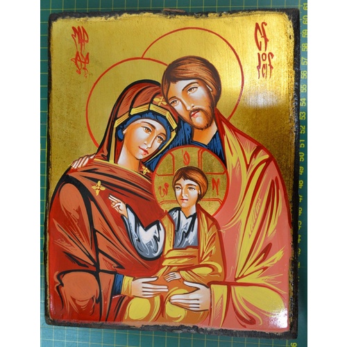 HOLY FAMILY ICON WALL PLAQUE, Hand Crafted & Painted, Certificate, 220mm x 174mm