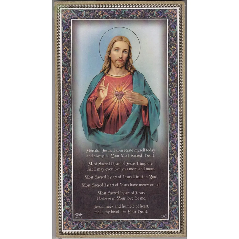 Gold Foiled Wood Prayer Plaque, Sacred Heart Of Jesus, Crafted In Italy