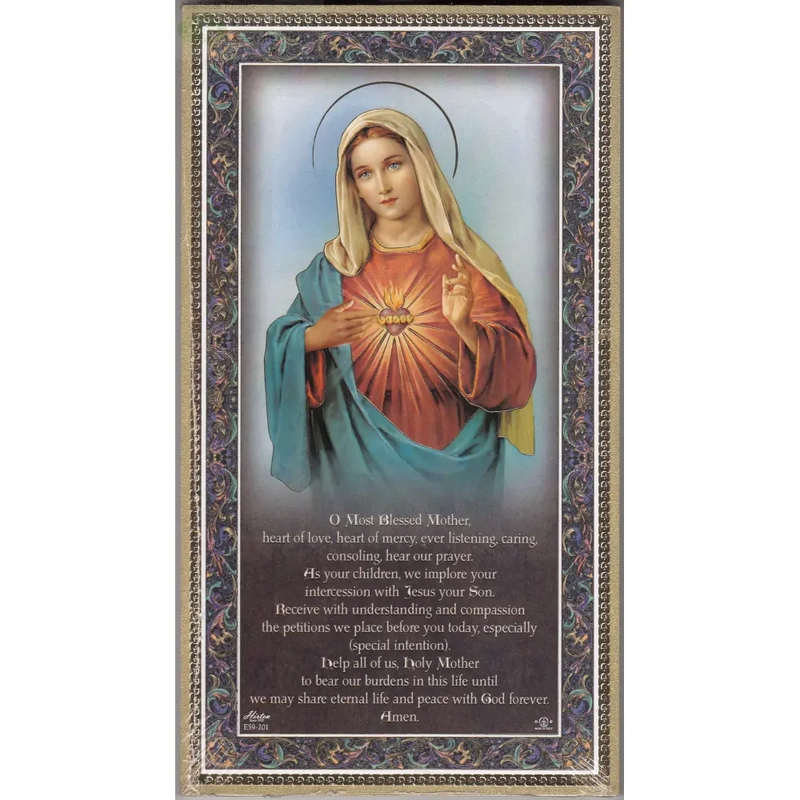 Gold Foiled Wood Prayer Plaque, Sacred Heart Of Mary, Blessed Mother, Crafted In Italy