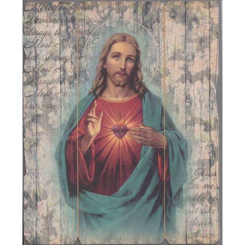 Sacred Heart Of Jesus, Vintage Look Wood Plaque, Crafted In Italy, 235mm x 190mm