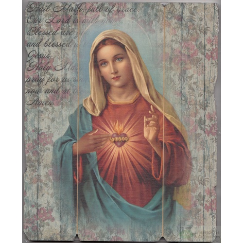 Sacred Heart Of Mary, Vintage Look Wood Plaque, Crafted In Italy, 235mm x 190mm