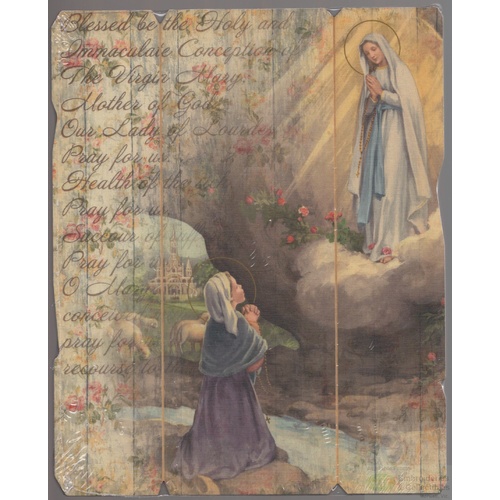 Our Lady Lourdes, Vintage Look Wood Plaque, Crafted In Italy, 235mm x 190mm