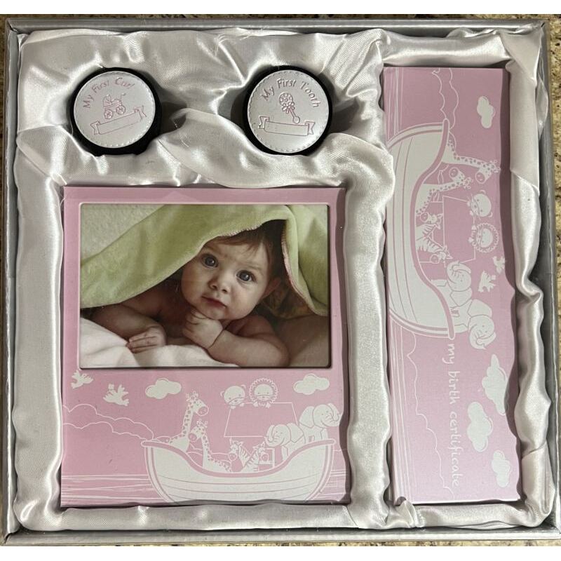 Noah's Ark Keepsake Gift Set - Girl, Frame, 1st Tooth & Curl Holders Certificate Box