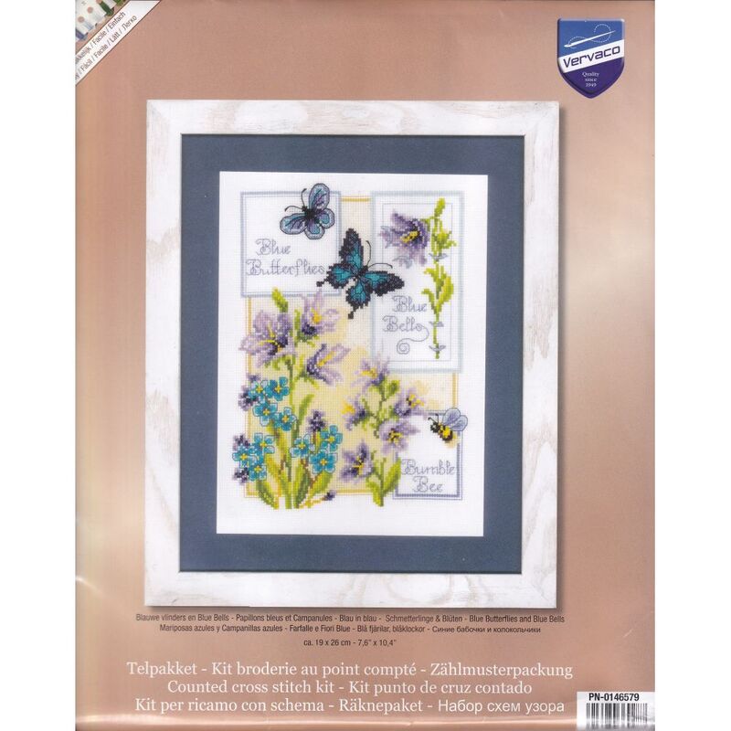 Vervaco BLUE BUTTERFLIES & BLUE BELLS Counted Cross Stitch Kit PN-0146579
