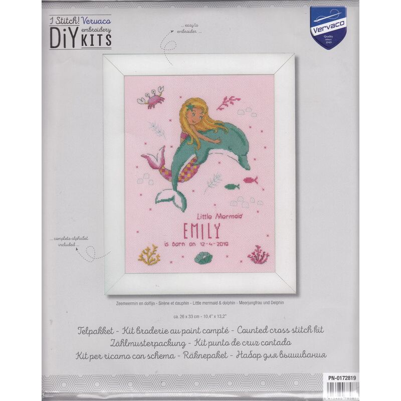 Vervaco LITTLE MERMAID & DOLPHIN Birth Record Counted Cross Stitch Kit PN-0172819