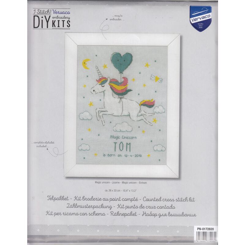 Vervaco MAGIC UNICORN Birth Record Counted Cross Stitch Kit PN-0172820