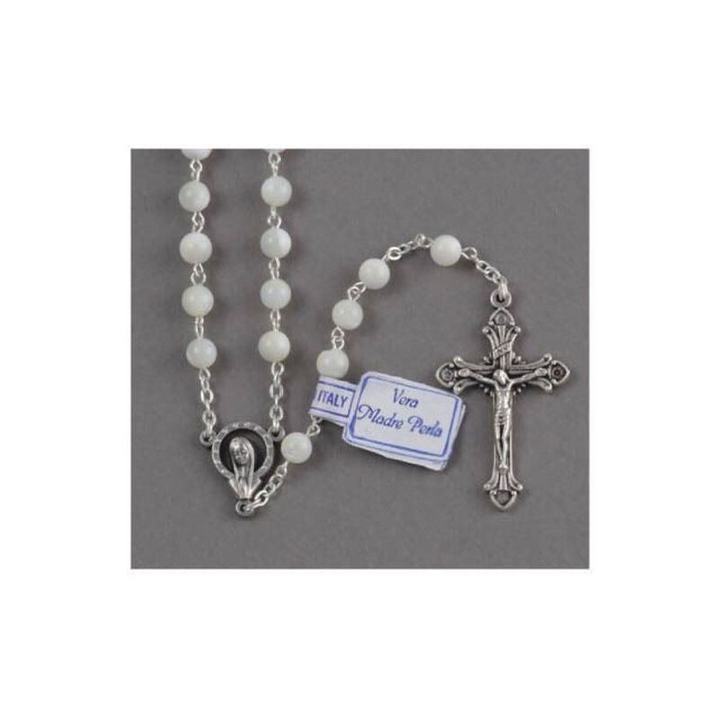Rosary Genuine Mother of Pearl Silver Tone Crucifix, 5mm Beads, Boxed RX1302