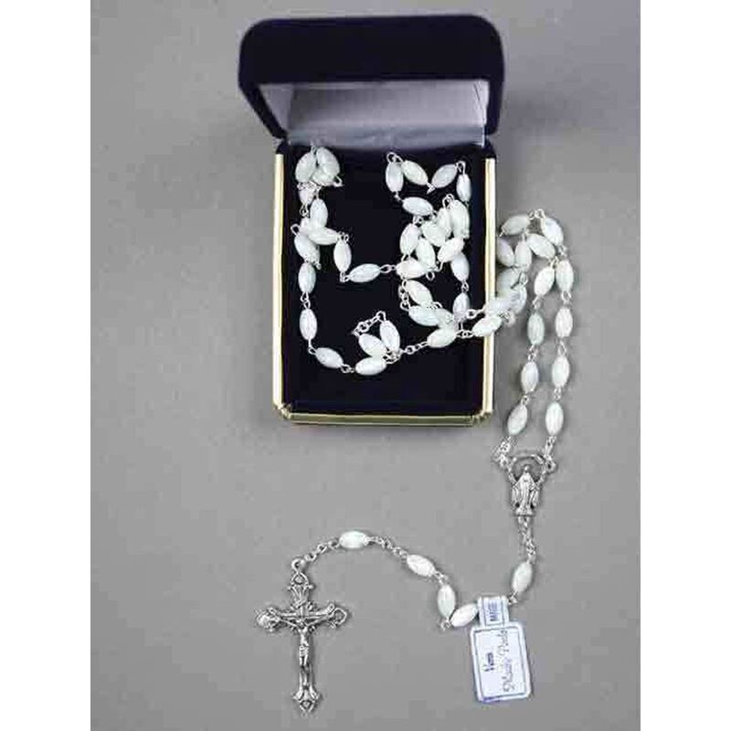 Rosary Genuine Mother of Pearl Silver Tone Crucifix, 5mm Beads, Boxed RX200