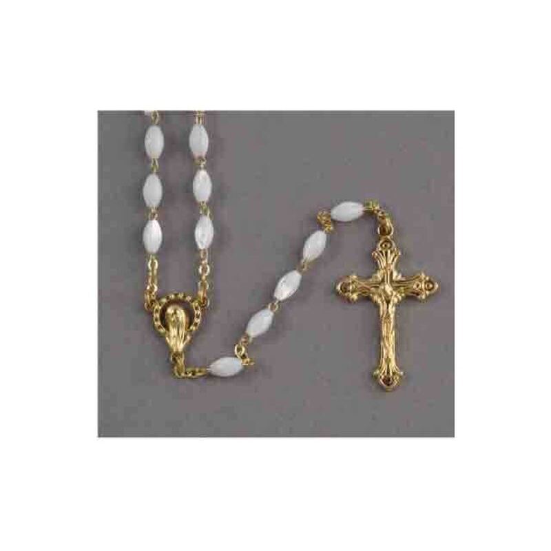 Rosary Mother of Pearl Gold Tone Crucifix, 5mm Beads, Boxed