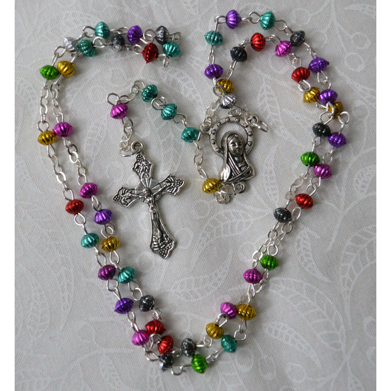 MultiColoured Metal Rosary, 3mm Beads, Madonna Centrepiece, Cross Box, Made In Italy