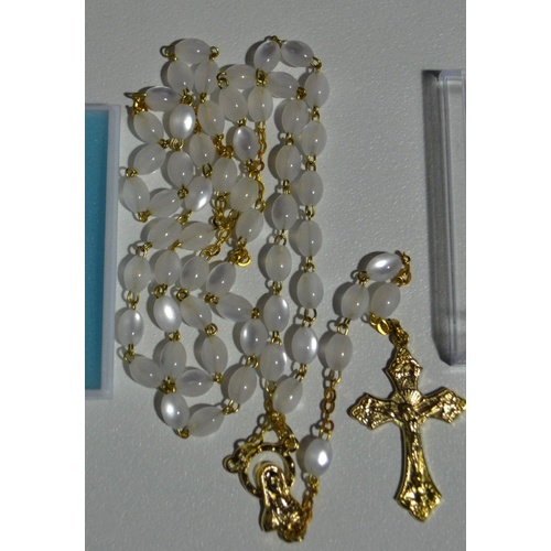 Oval Shape Imitation Mother Of Pearl Rosary, Gold Tone Metal Crucifix & Centre Piece
