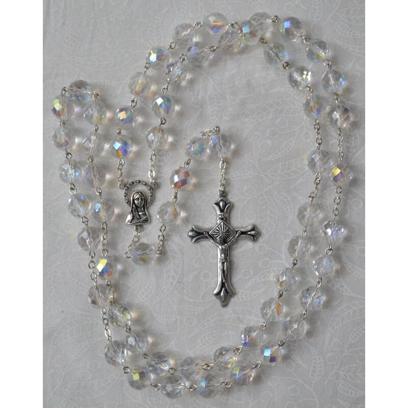 Rosary, 9mm Glass Beads CLEAR, Boxed, Made In Italy