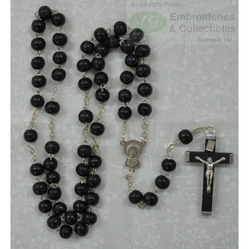 ROSARY 8mm BLACK Wood Beads, Metal Backed Wood Crucifix 50cm Long