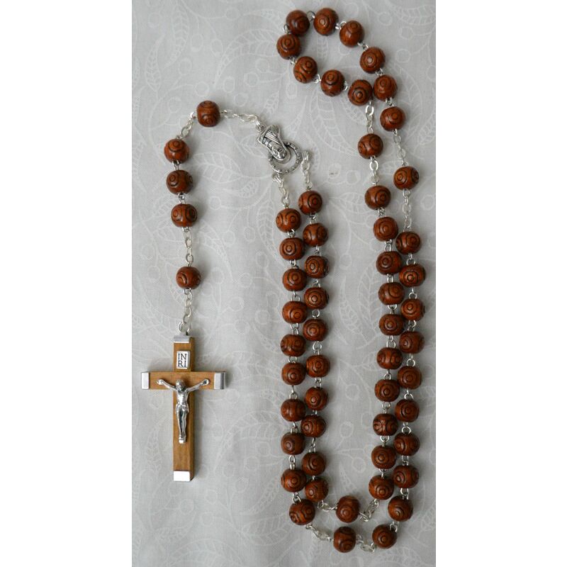 ROSARY 8mm BROWN Wood Beads, Metal Backed Wood Crucifix 50cm Long
