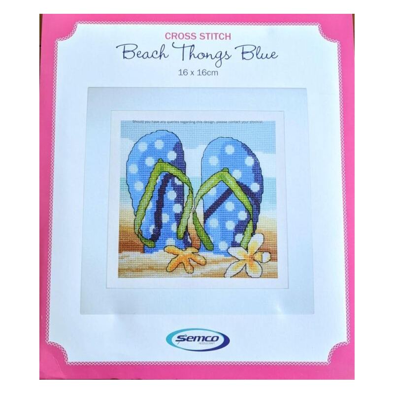 Semco Beach Thongs Blue Cross Stitch Kit 16cm x 16cm Includes Frame