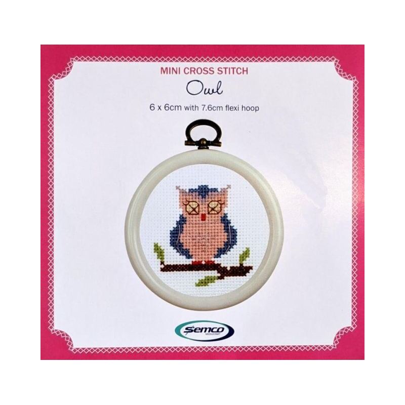 Semco OWL Mini Cross Stitch Kit 6cm x 6cm Includes Hoop