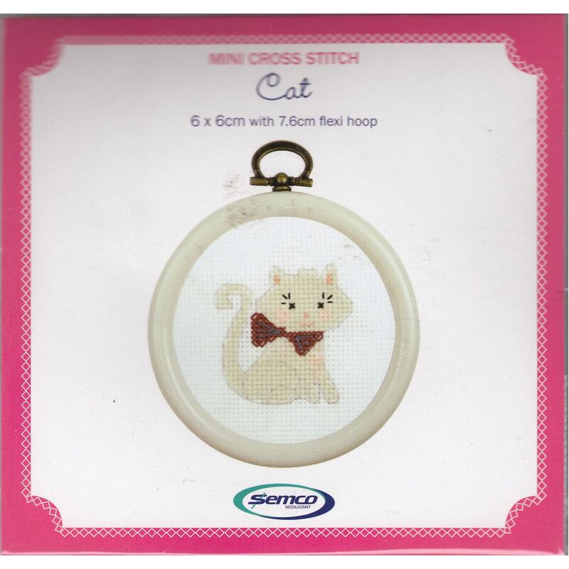 Semco CAT Mini Cross Stitch Kit 6cm x 6cm Includes Hoop
