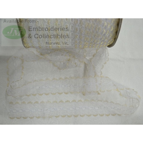 METALLIC GOLD / WHITE 37mm Iridescent Feather Edge Eyelet Lace, Per metre