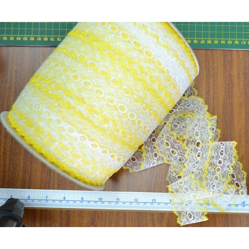 LEMON WHITE 37mm Iridescent Feather Edge Eyelet Lace, Per Metre 