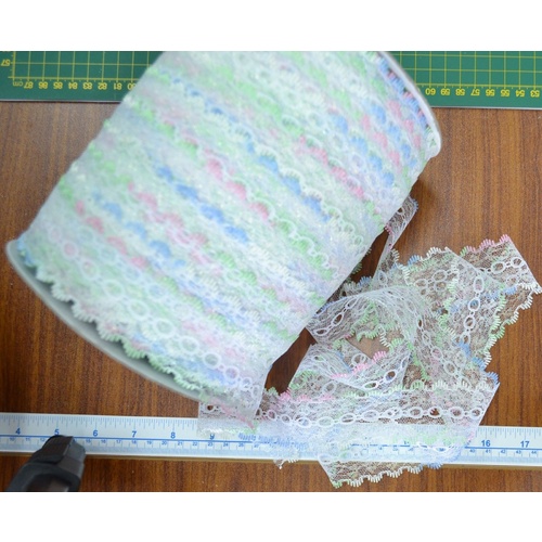 MULTICOLOUR WHITE 37mm Iridescent Feather Edge Eyelet Lace, Per metre