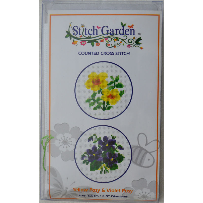 Stitch Garden Mini Counted Cross Stitch Kit, Yellow Posy & Violet Posy