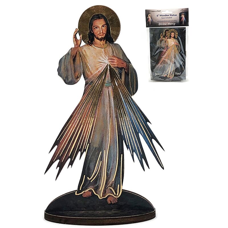 Devine Mercy Flat 150mm Wooden Statue With Biography / Prayer Pamplet