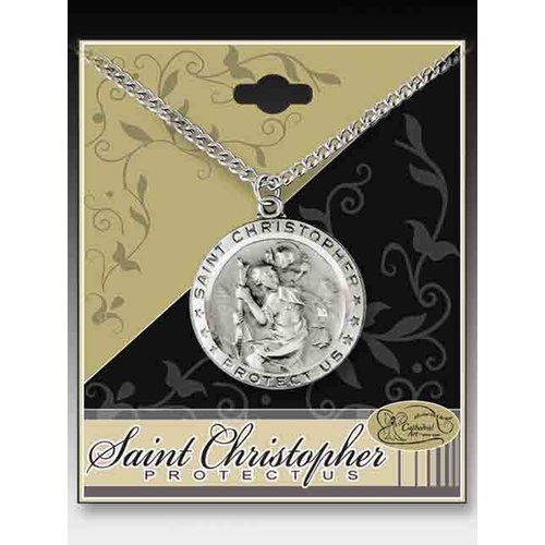 Cathedral Art Saint Christopher Pendant, SILVER Tone Round 25mm On 18" Chain