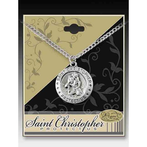Cathedral Art Saint Christopher Pendant, SILVER Tone Round 17mm On 18" Chain