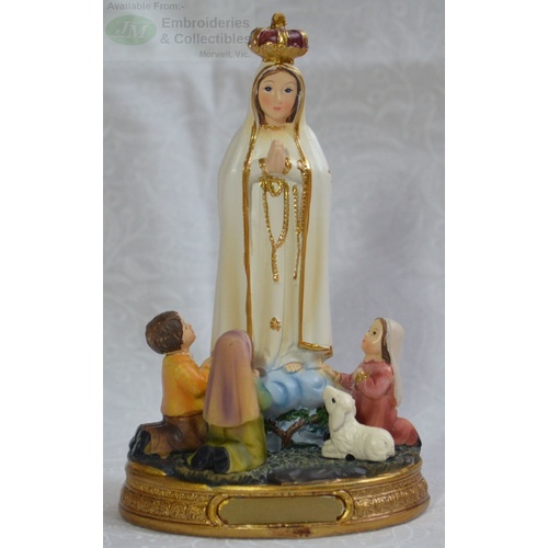 Our Lady Fatima With Children Statue, Resin, 125mm (5") High x 80mm Wide x 55mm Deep