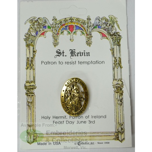 St. Kevin Lapel Pin, Gold Tone, Patron To Resist Temptation