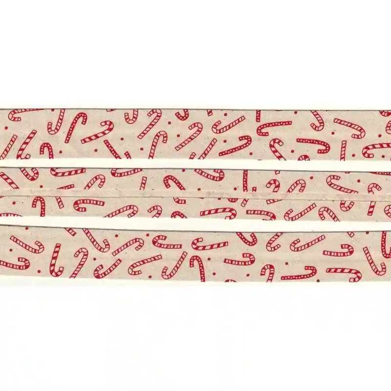CANDY CANES Print Cotton Bias Binding, 25mm Single Folded By The Metre