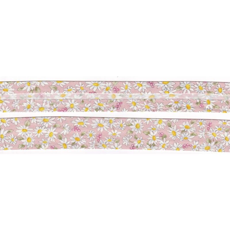 FLOWERS on PINK Print Cotton Bias Binding, 25mm Single Folded x 6 Metres