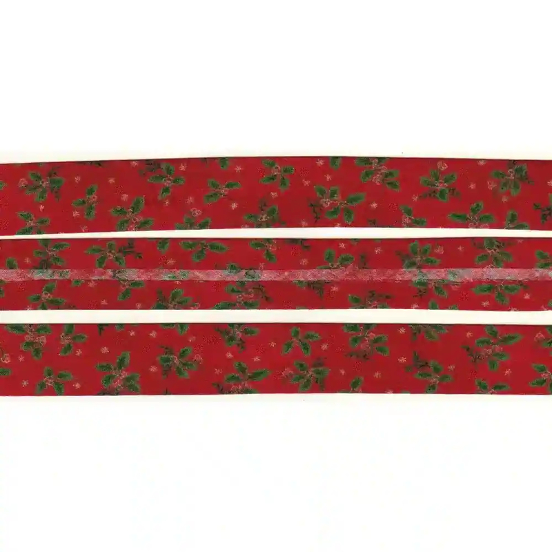 METALLIC HOLLY RED Print Cotton Bias Binding, 25mm Single Folded By The Metre
