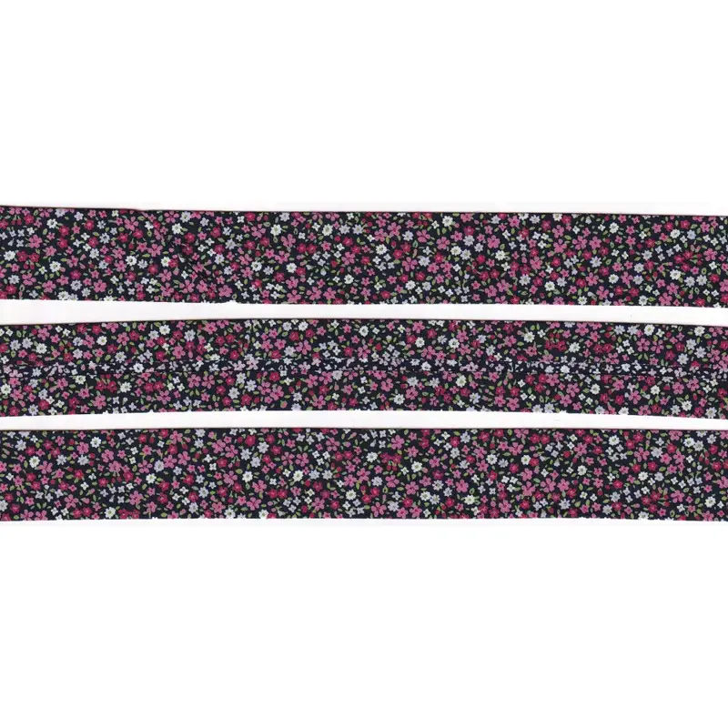 MICRO FLOWERS BLACK Print Cotton Bias Binding, 25mm Single Folded By The Metre