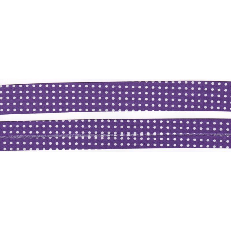 WHITE DOTS on PURPLE Print Cotton Bias Binding, 25mm Single Folded x 10 Metres