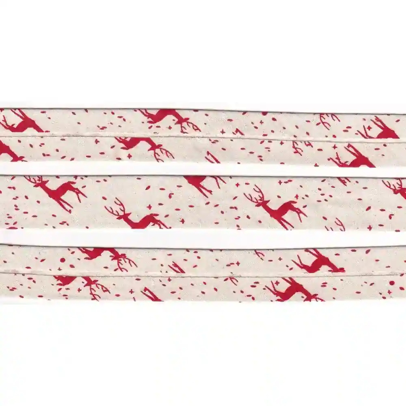 RED REINDEER Print Cotton Bias Binding, 25mm Single Folded By The Metre