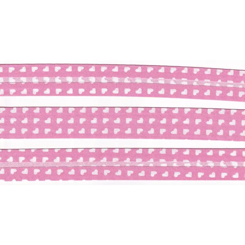 WHITE HEARTS on PINK Print Cotton Bias Binding, 25mm Single Folded By The Metre
