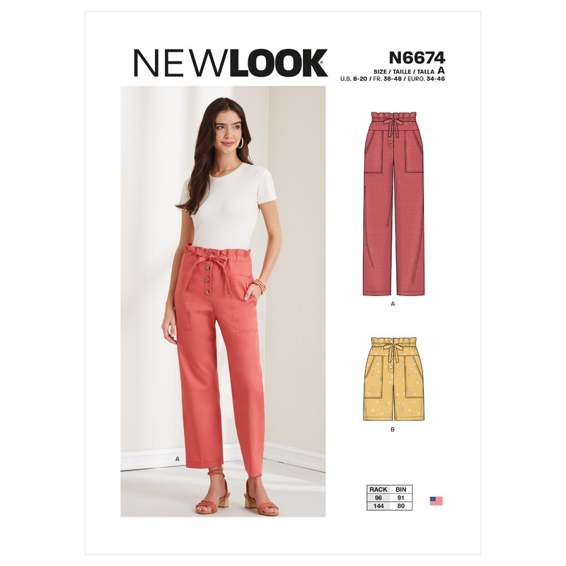New Look Sewing Pattern N6674 Misses' Button Front Paperbag Pants or Shorts