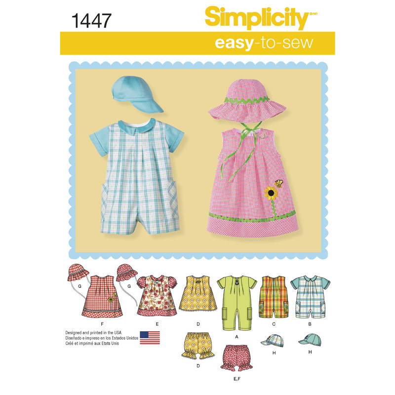 Babies' Romper, Dress, Top, Panties and Hats Simplicity Sewing Pattern 1447
