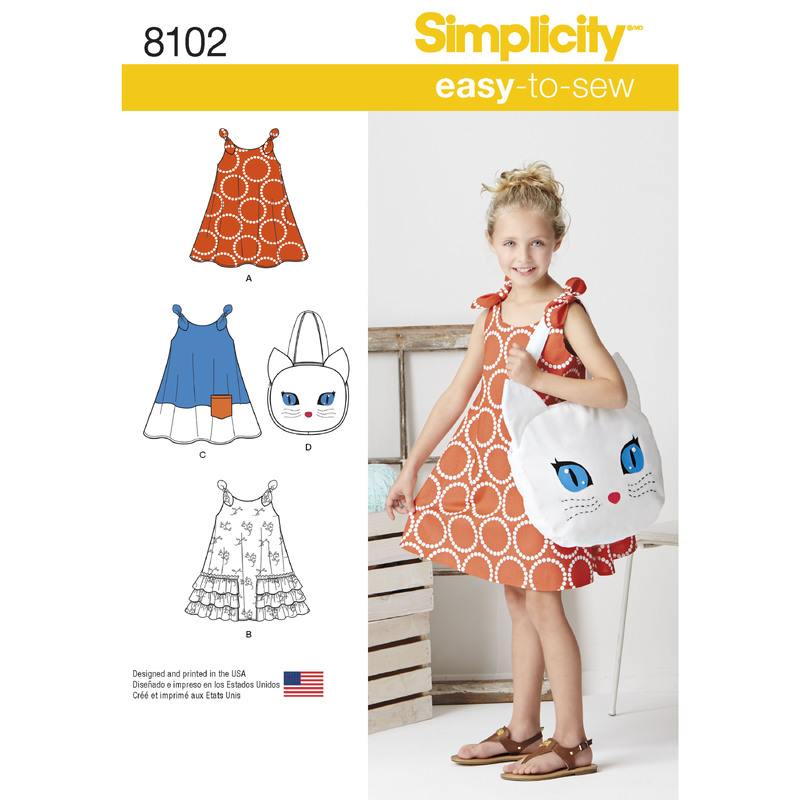 Child's Easy-to-Sew Sundress and Kitty Tote Simplicity Sewing Pattern 8102