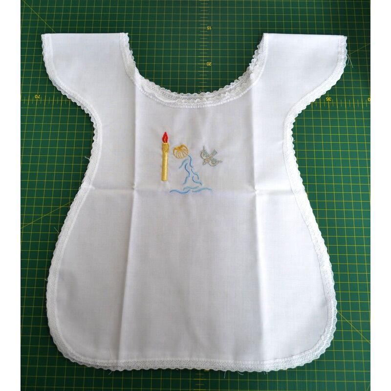Baptisimal Bib with Embroidered Candle-Dove-Shell, one size only
