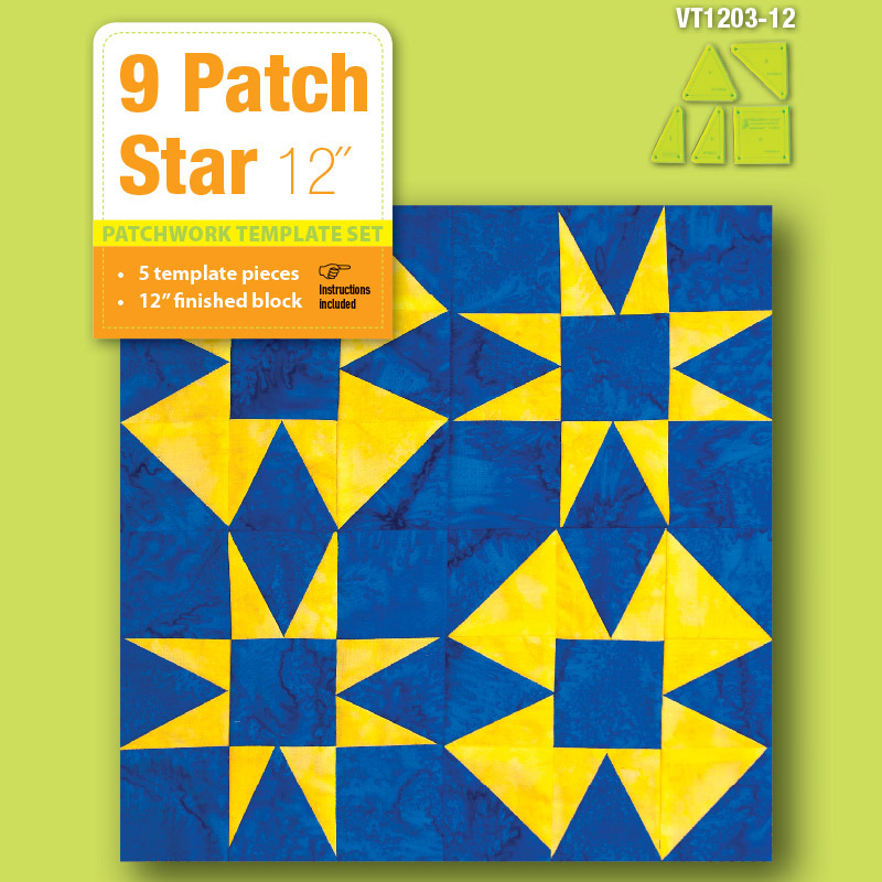 9 Patch Star 5 Piece Patchwork Template Set, VT1203-12 (Makes 12" Blocks)