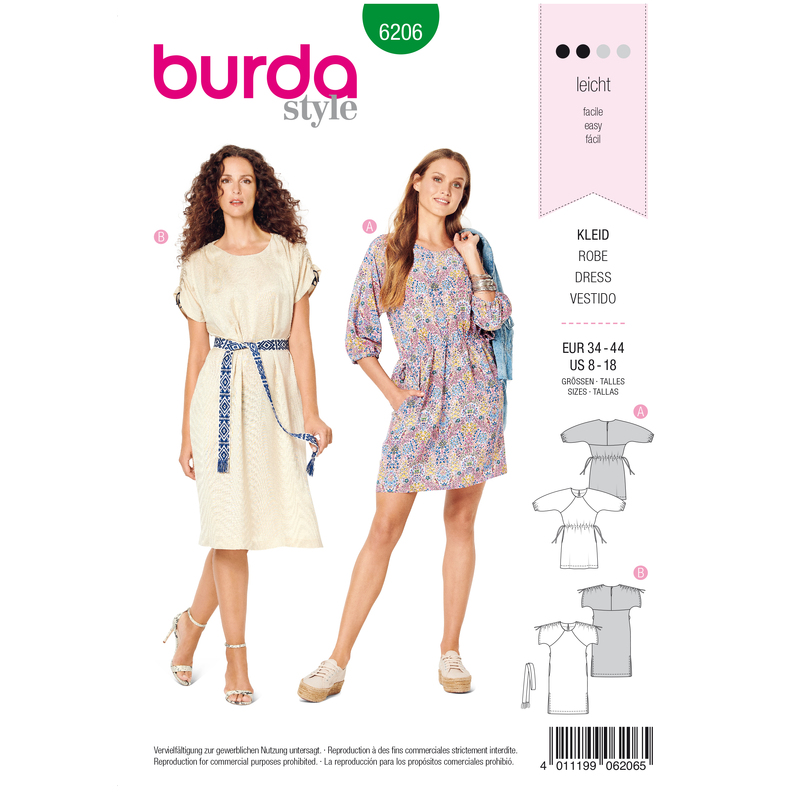 Burda Style Pattern 6206 Misses' Casual Dress with Raglan Sleeves - Drawstring Waist Burda Sewing Pattern 6206