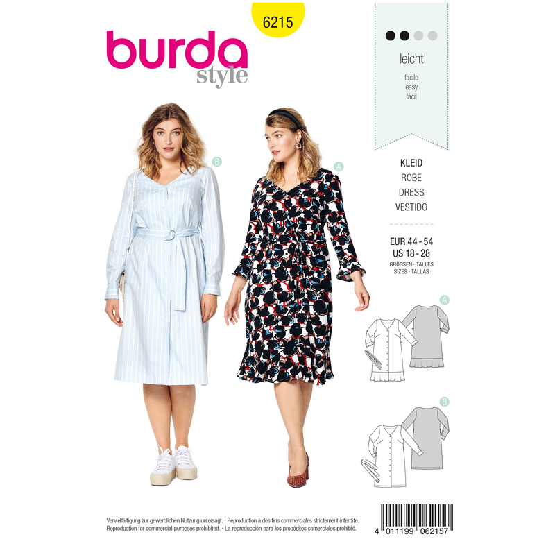 Burda Style Pattern 6215 Women's Dress with Button Fastening - V-Neck - Hem Flounce Burda Sewing Pattern 6215