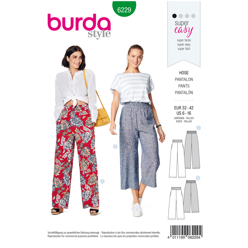 Burda Style Pattern 6229 Misses' Trousers/Pants with Elastic Waist with Pockets in Seams - Wide Leg Burda Sewing Pattern 6229
