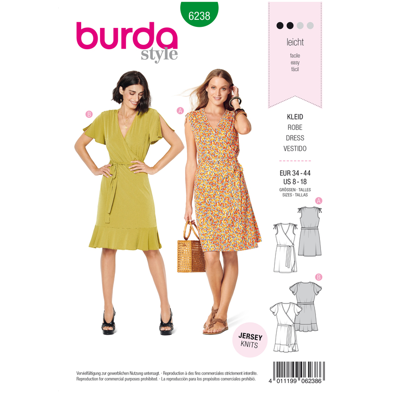 Burda Style Pattern 6238 Misses' Dress - Wrap Dress - Gathered Shoulders Burda Sewing Pattern 6238
