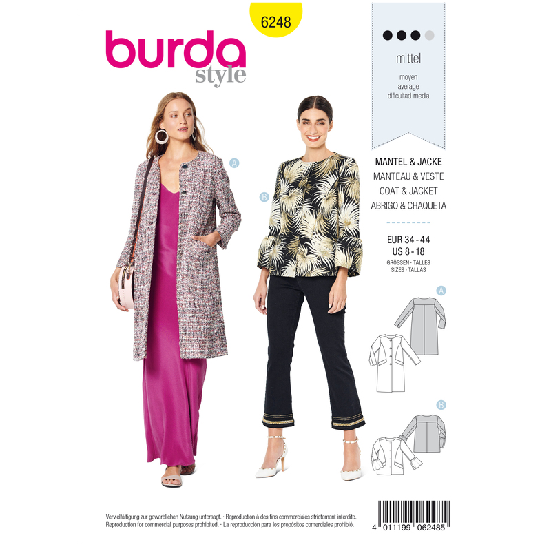 Burda Style Pattern 6248 Misses' Coat - Jacket - Collarless Burda Sewing Pattern 6248